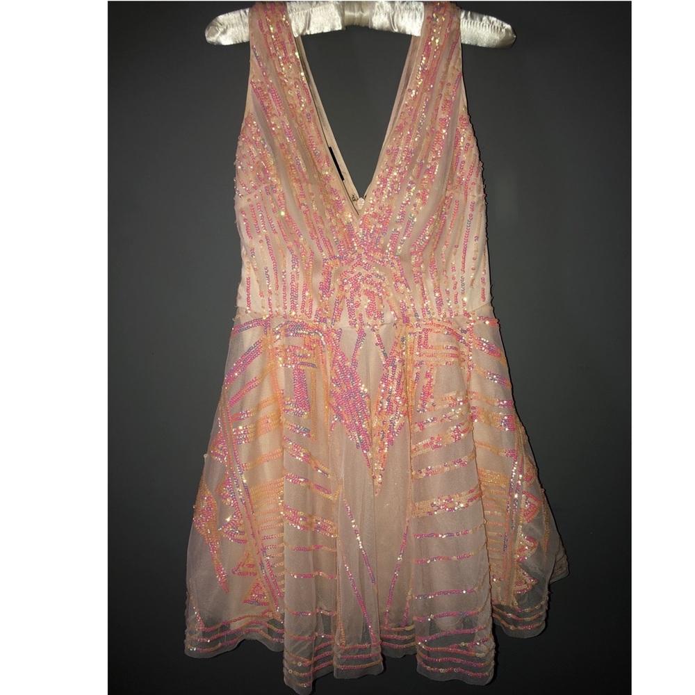 Peach Sequin Low V Mini Dress